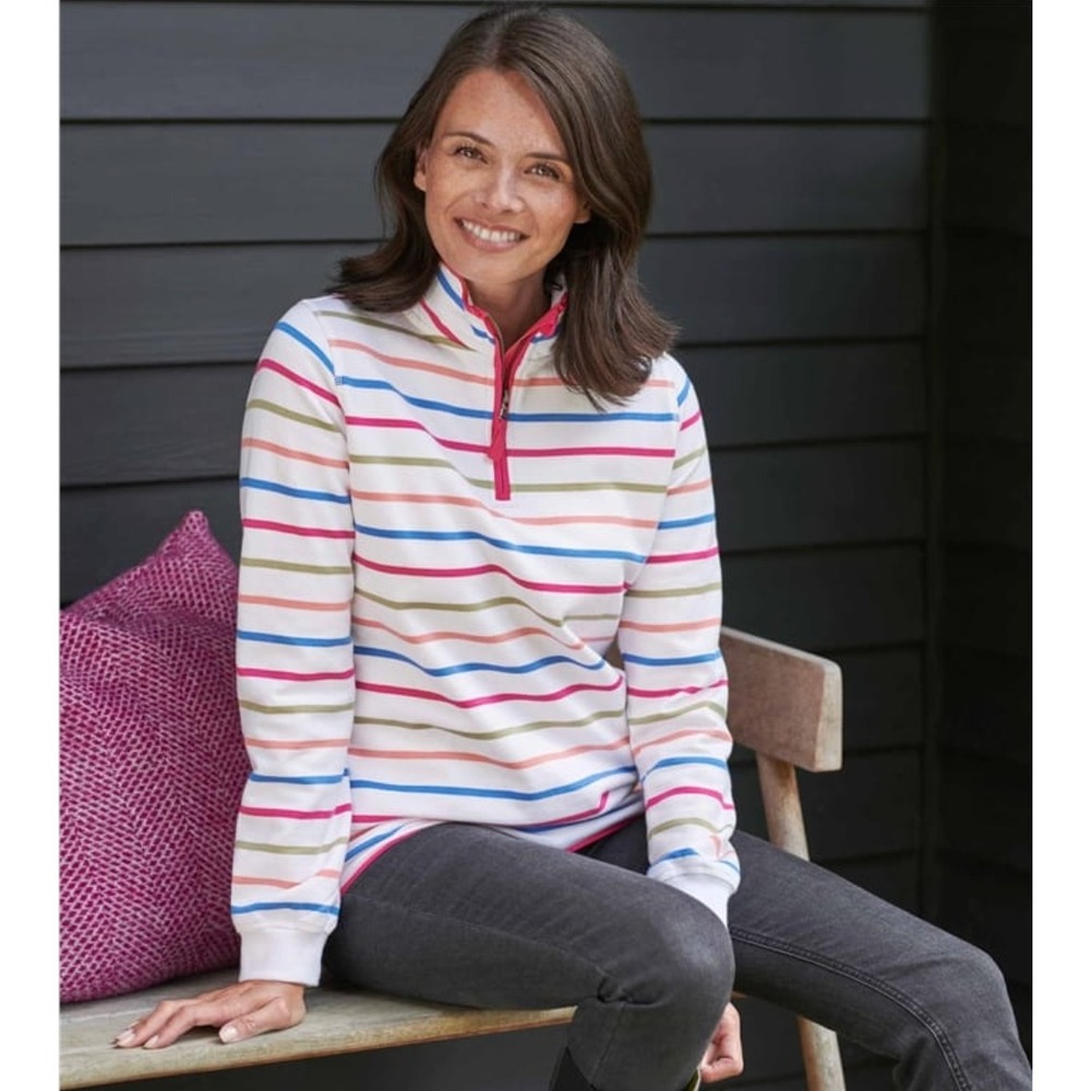 WoolOvers Women's 100% Organic Cotton Bright Multi Stripe Quarter Zip Size Large